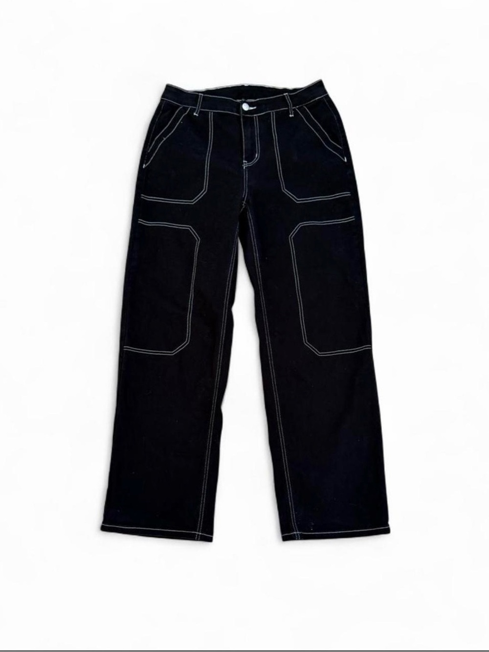 High-Rise Black Wide Leg Pants with Contrast Stitching